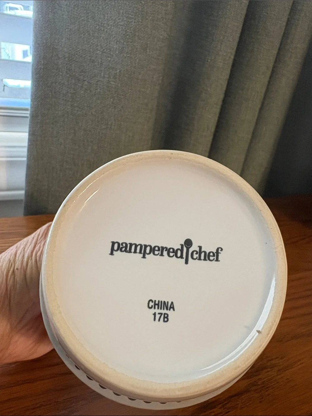 Pampered Chef White Ceramic Cup with Gray Silicone Grip